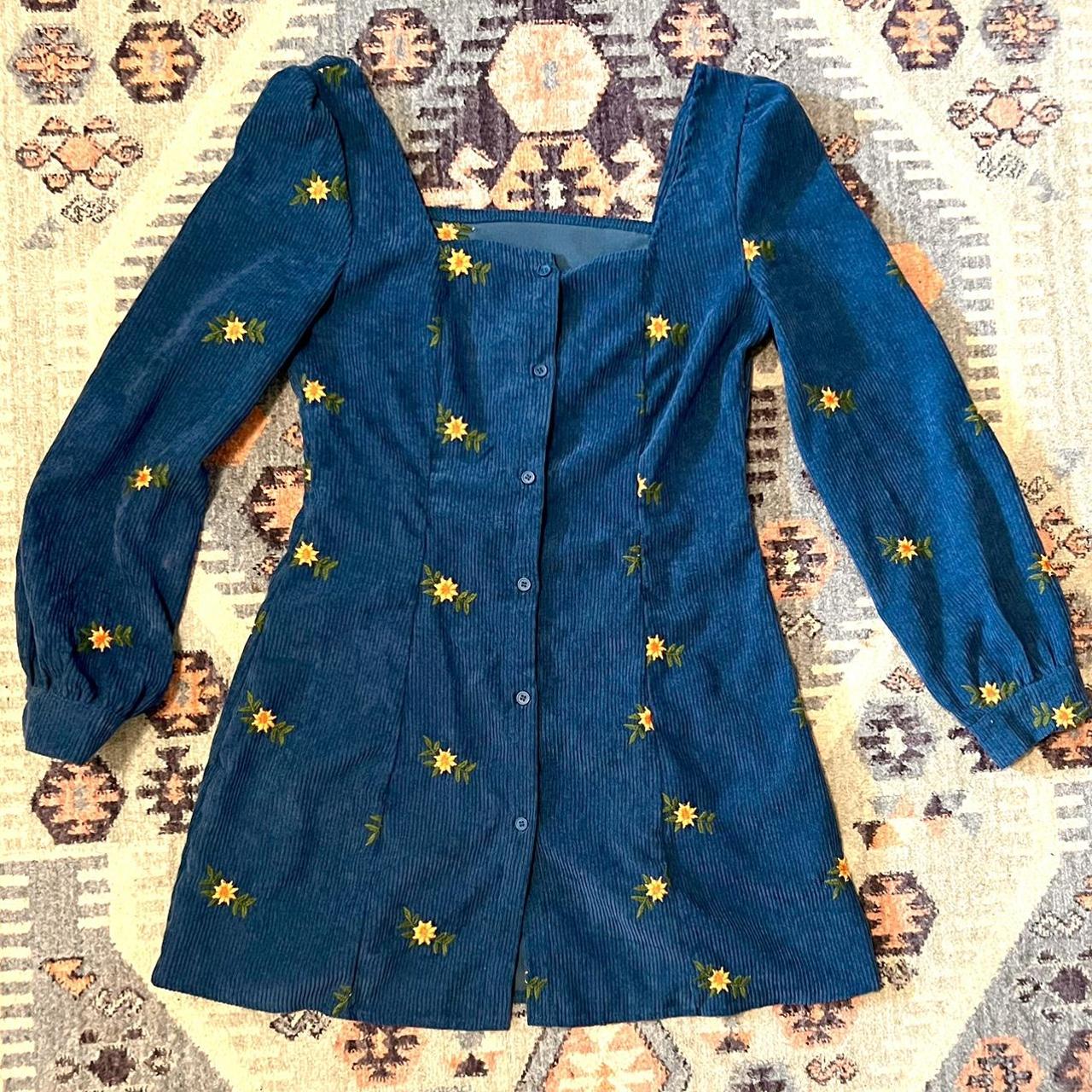 Cider Women's Blue and Yellow Dress Depop