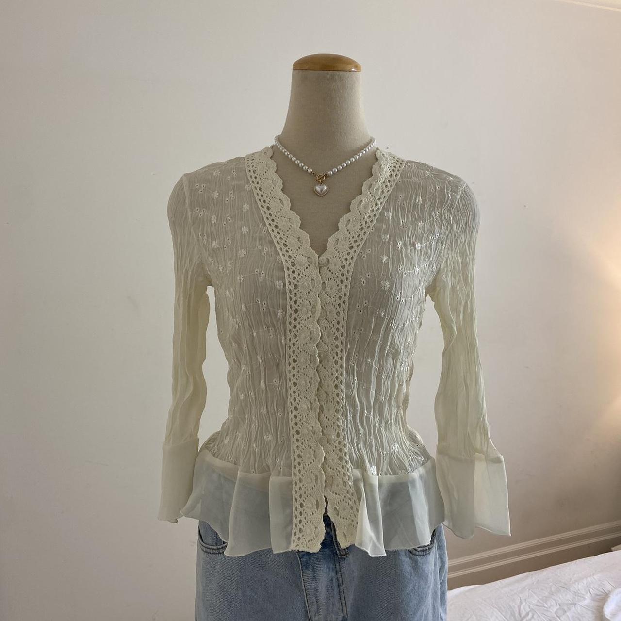 White cottagecore lace long sleeve blouse The... - Depop