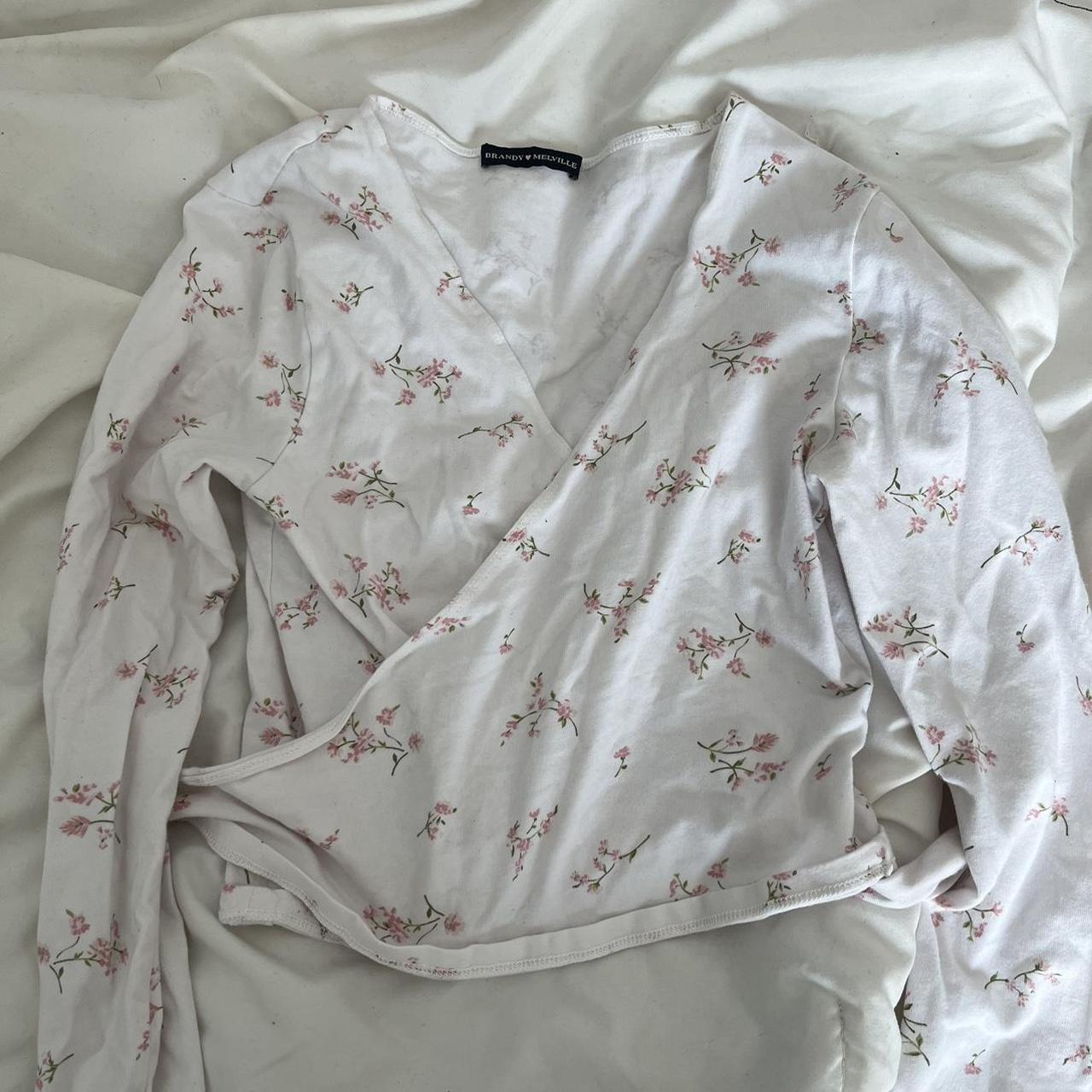 white and pink floral brandy melville wrap top - Depop