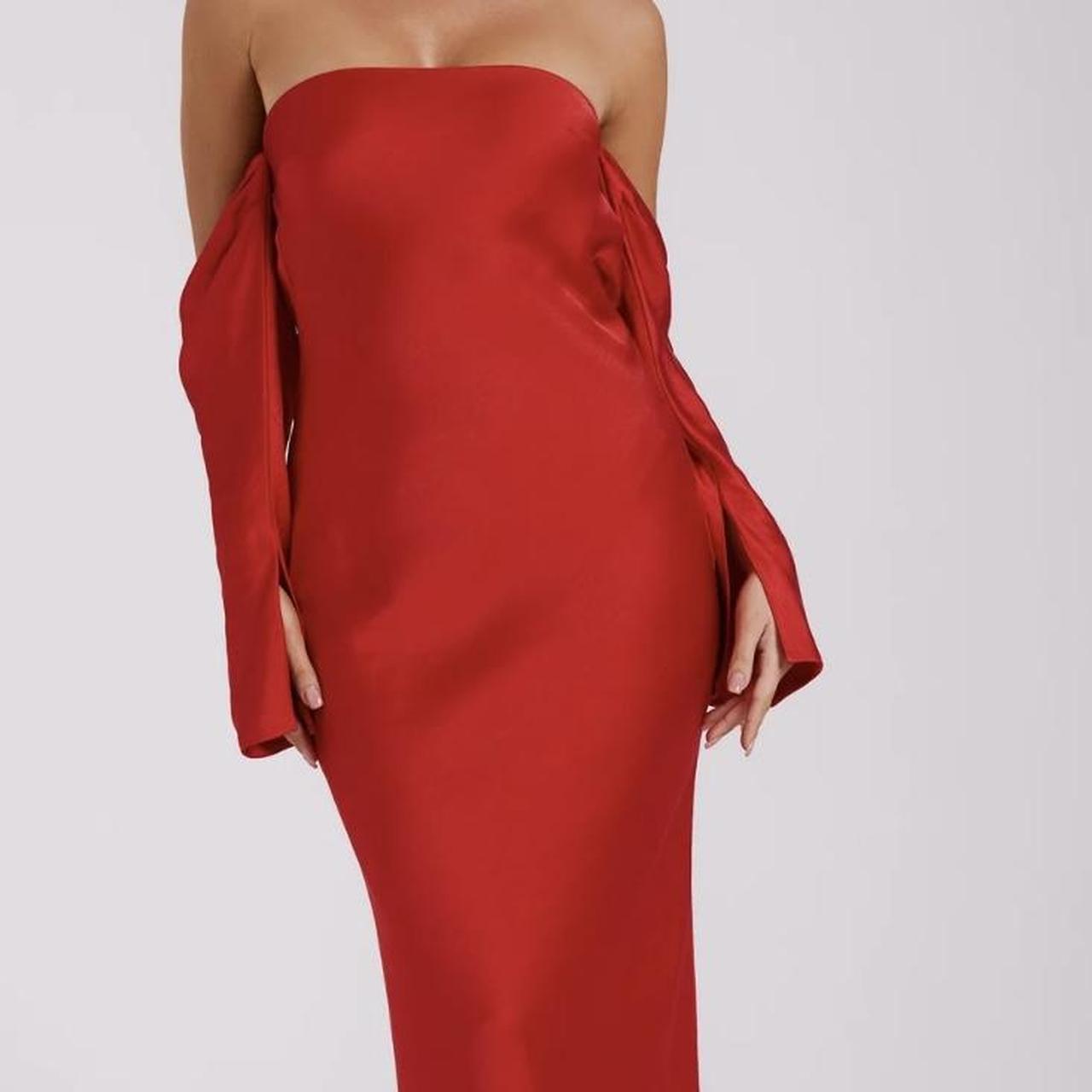 Meshki vee off shoulder satin midi dress, Worn