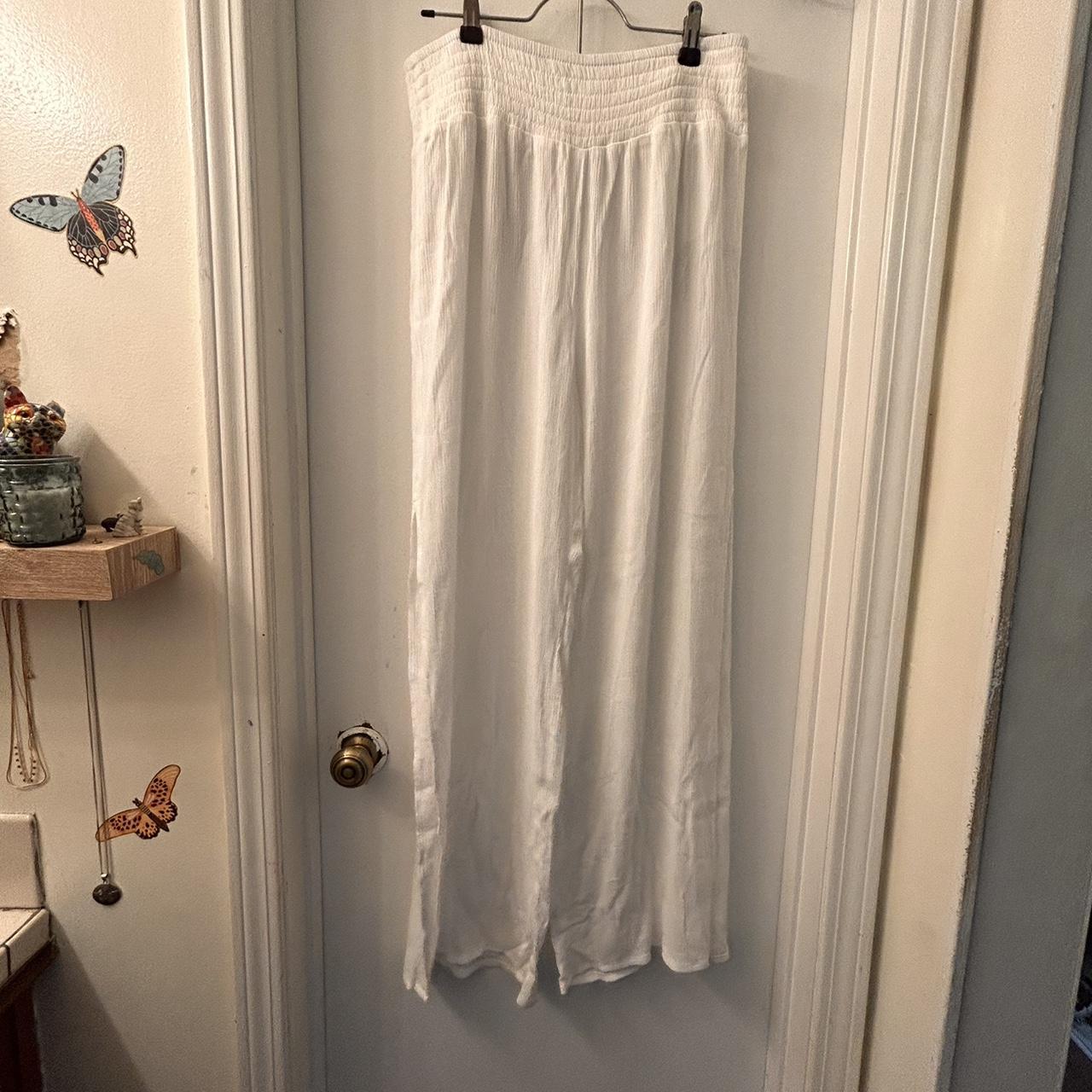  white beach summer flowy long pants... Depop