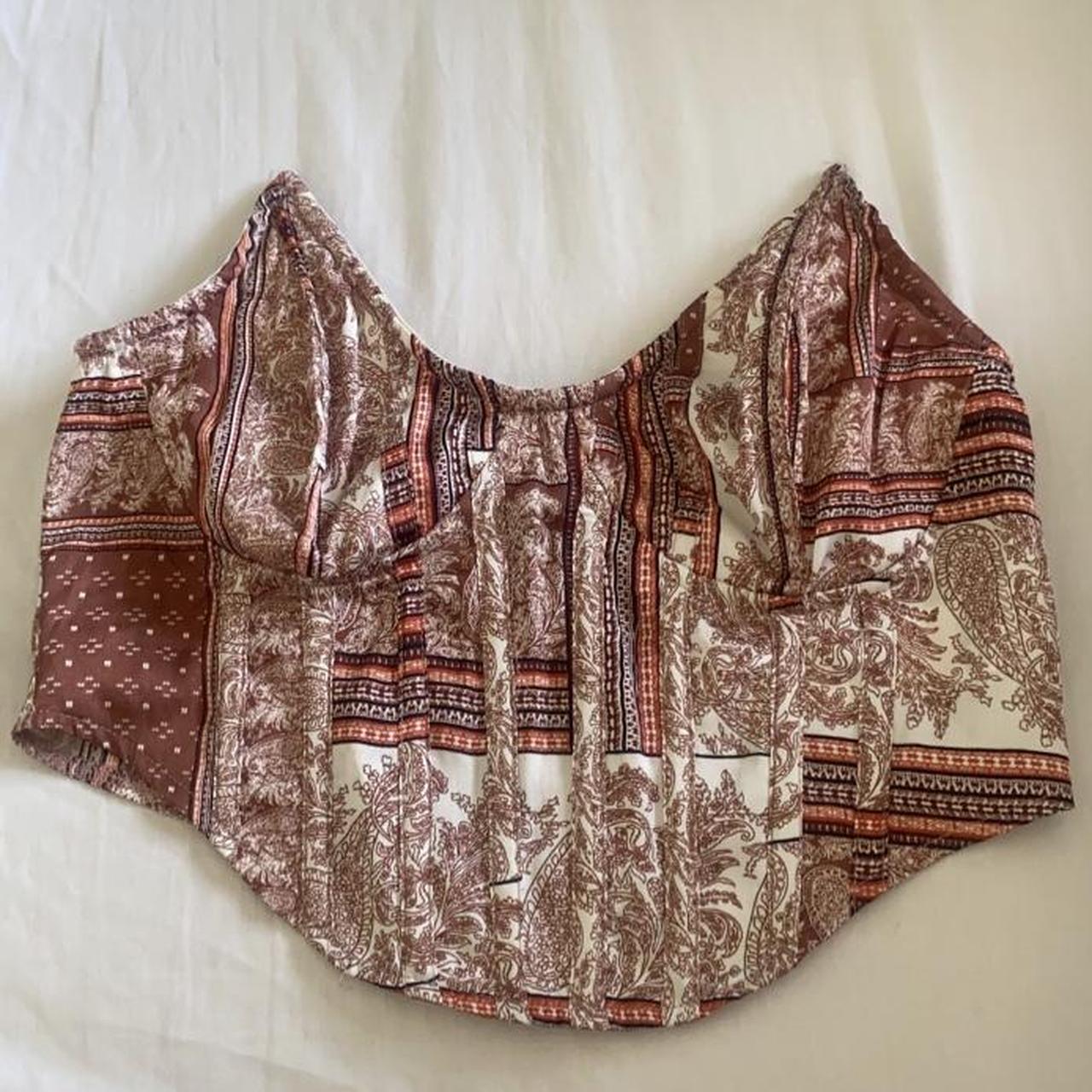 pink and white paisley print crop top with a bone... - Depop