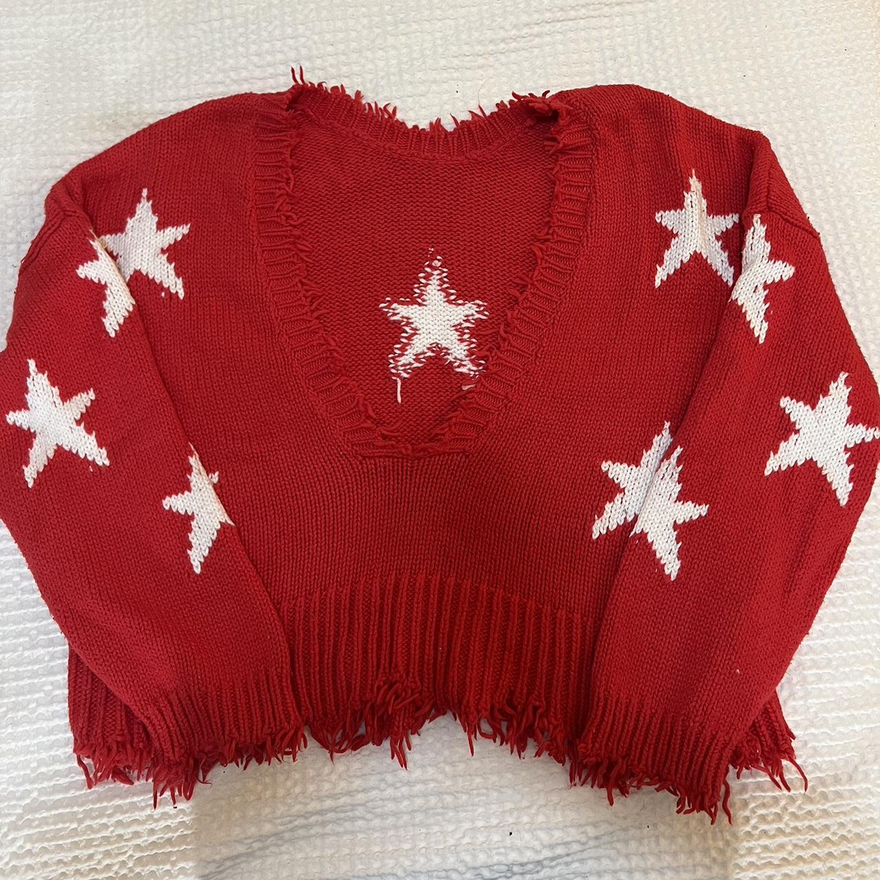 Wildfox red palmetto star fringe deep V sweater Depop