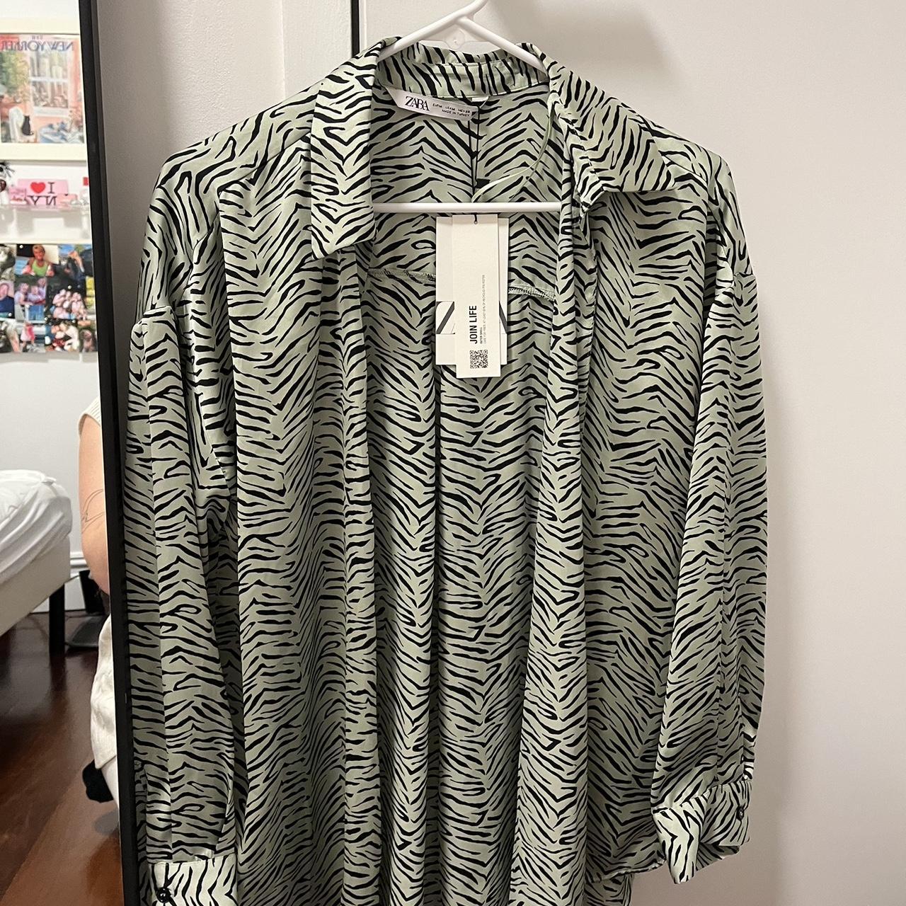 Zara silk blouse zebra print green and black - Depop