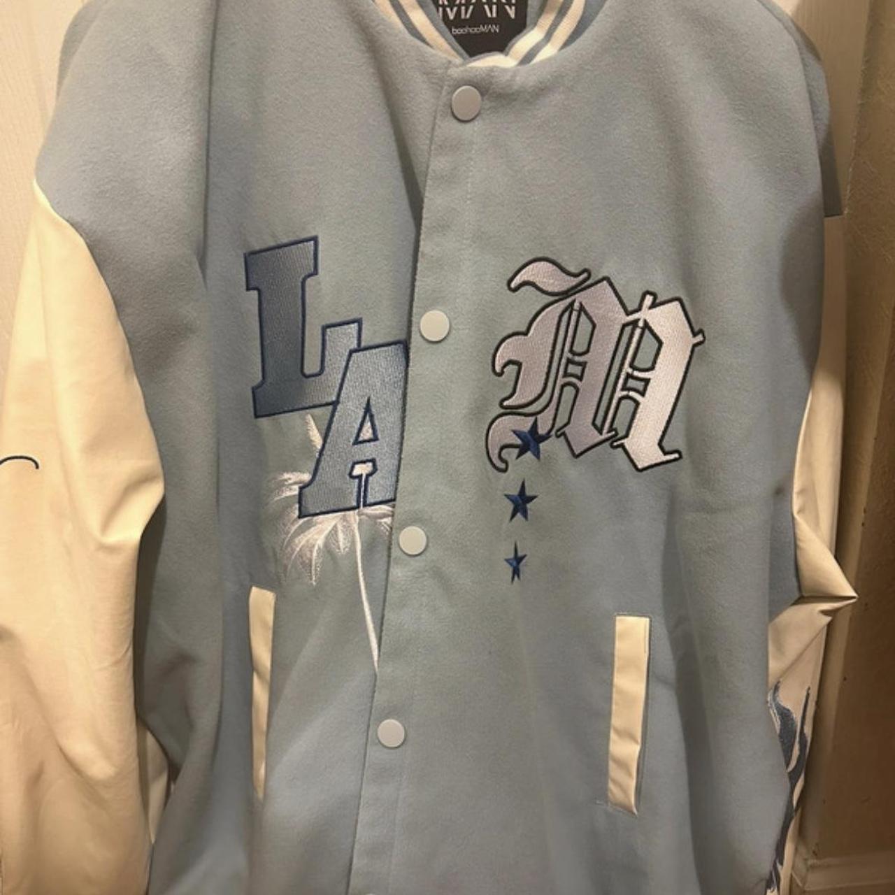 Boohoo Men's Blue and Cream Jacket Depop