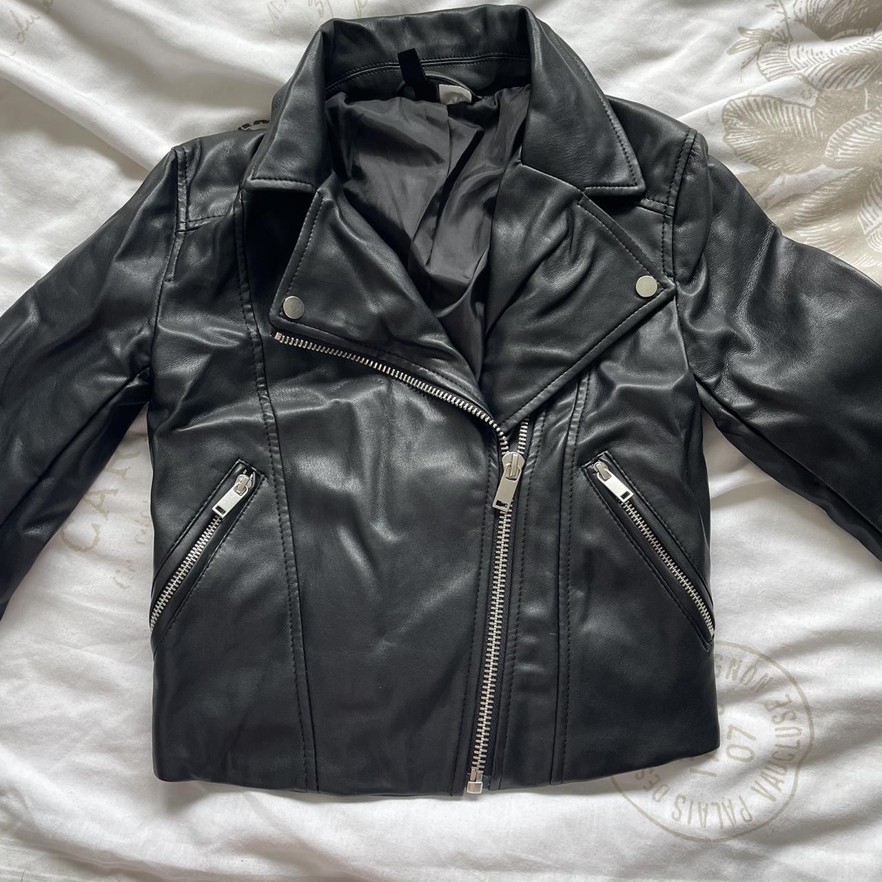 Black Leather Biker Jacket Size 4 H&M - Depop