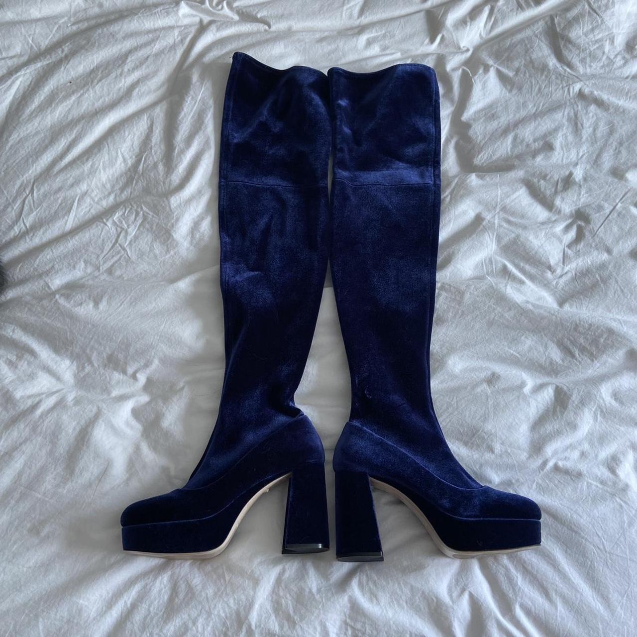 blue velvet thigh high boots outfit