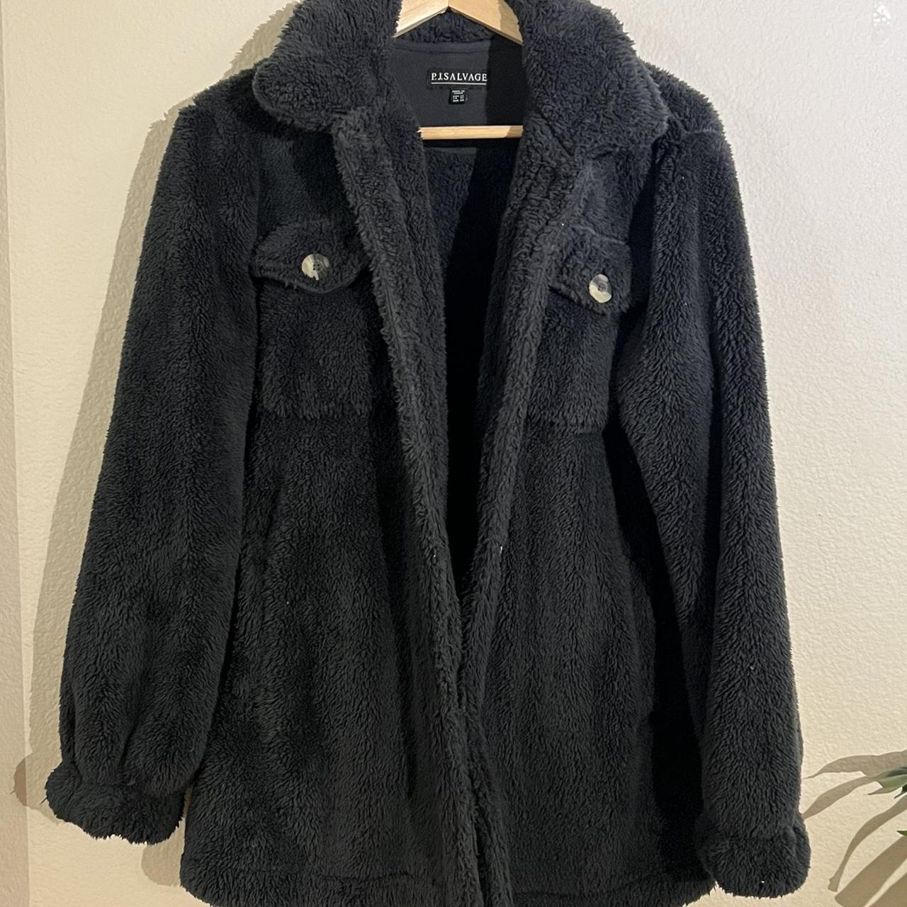 PJ SALVAGE COAT FUZZY MATERIAL RUNS LONG BUTTON... - Depop