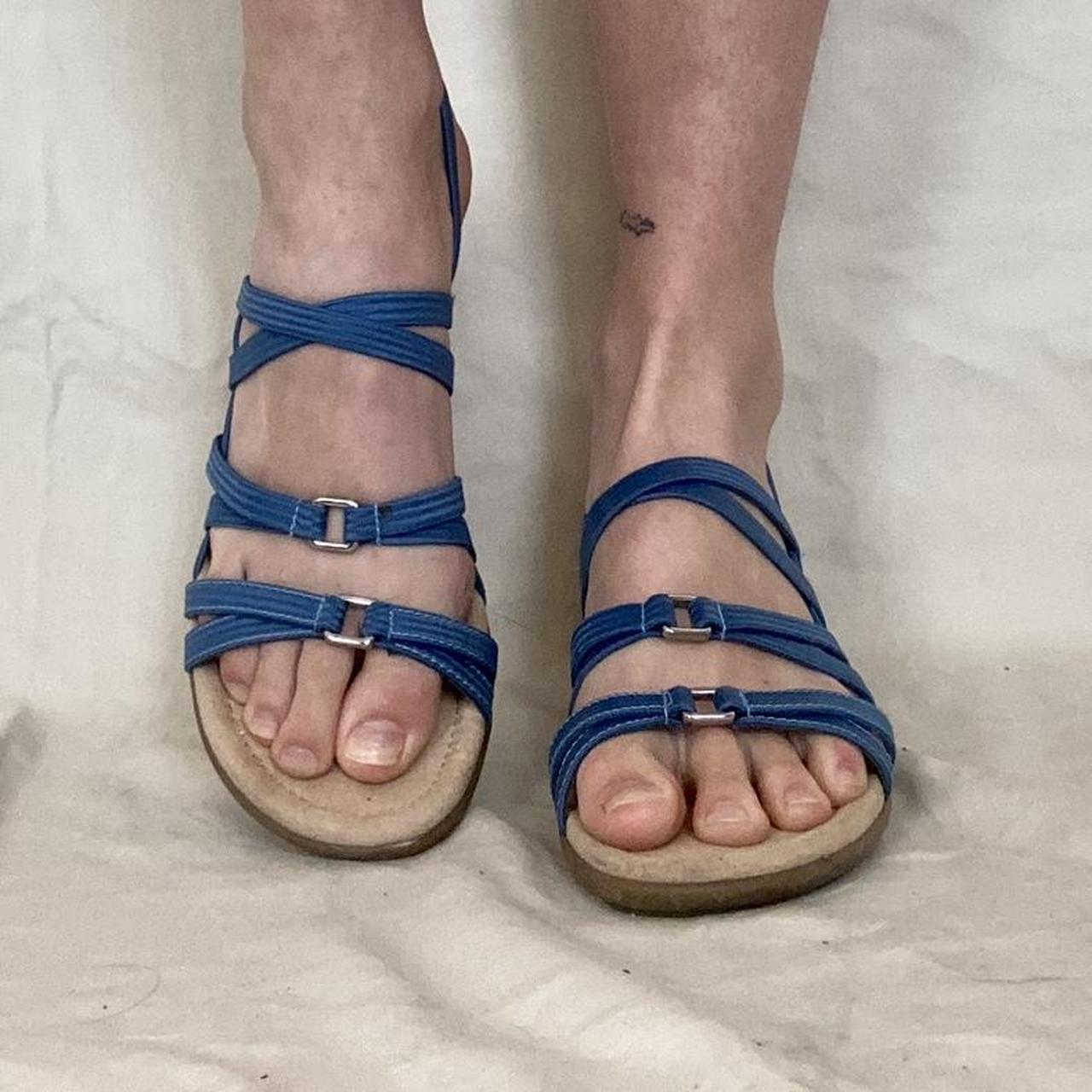 Blue Sandals with Stretchy Straps. Has a slight... - Depop