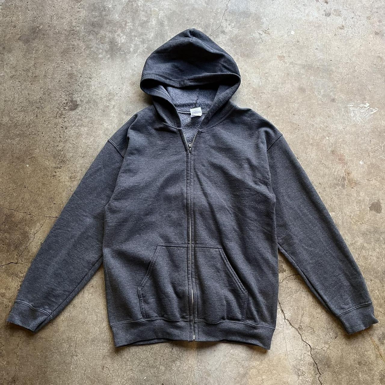 Vintage charcoal grey faded black Gildan blank zip... - Depop