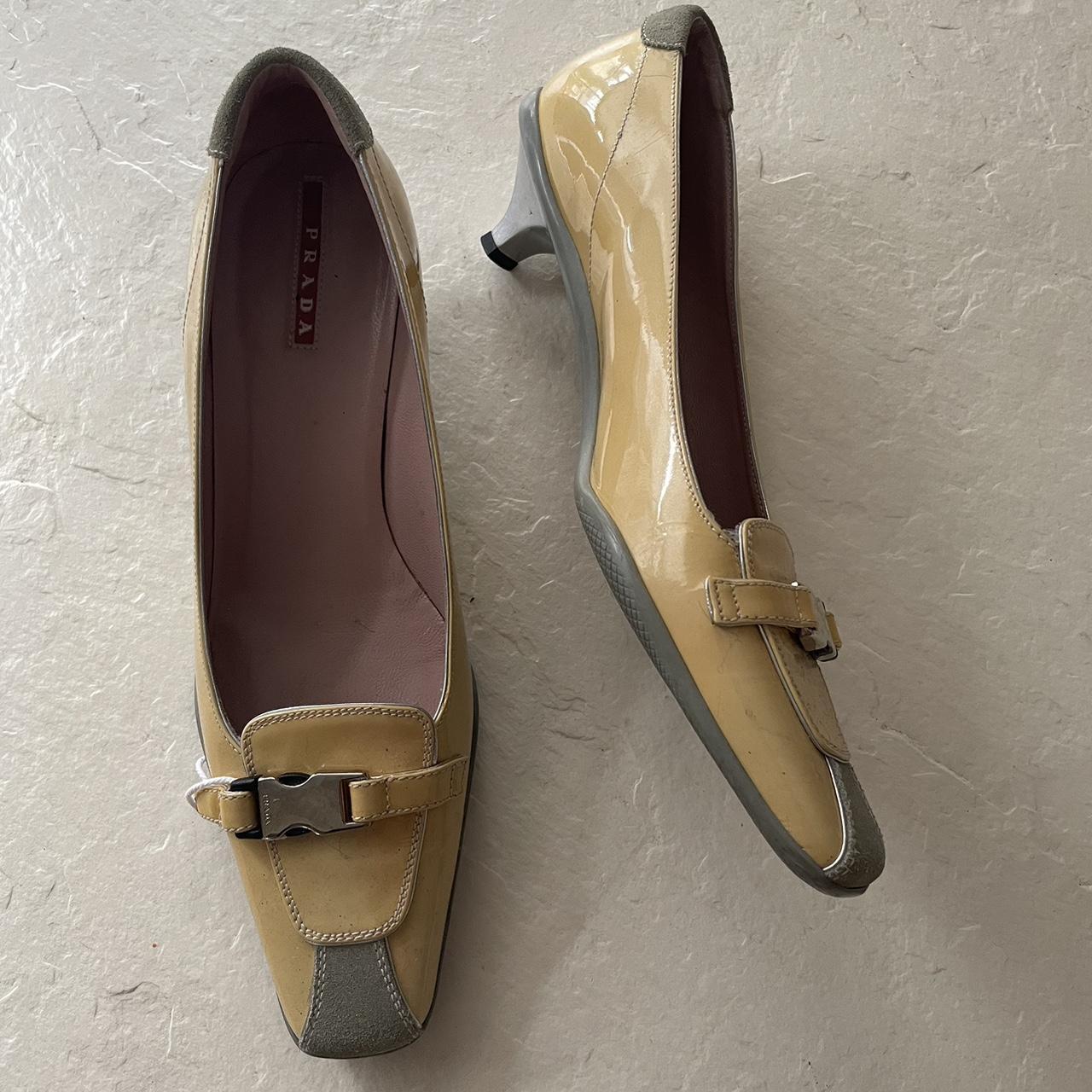 90s soft yellow patent leather kitten heels, By Prada...