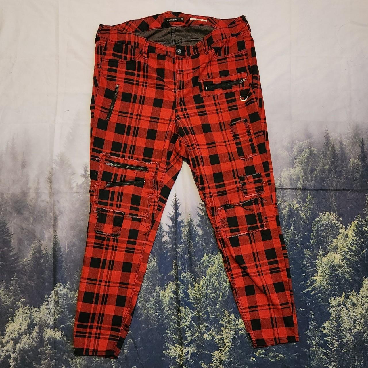 Red and Black Plaid/Tartan Pants with Zippers,... - Depop