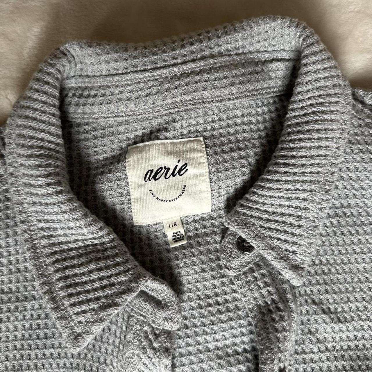 Brand: AERIE Gray Waffle Knit Button Up Shacket Tag... - Depop