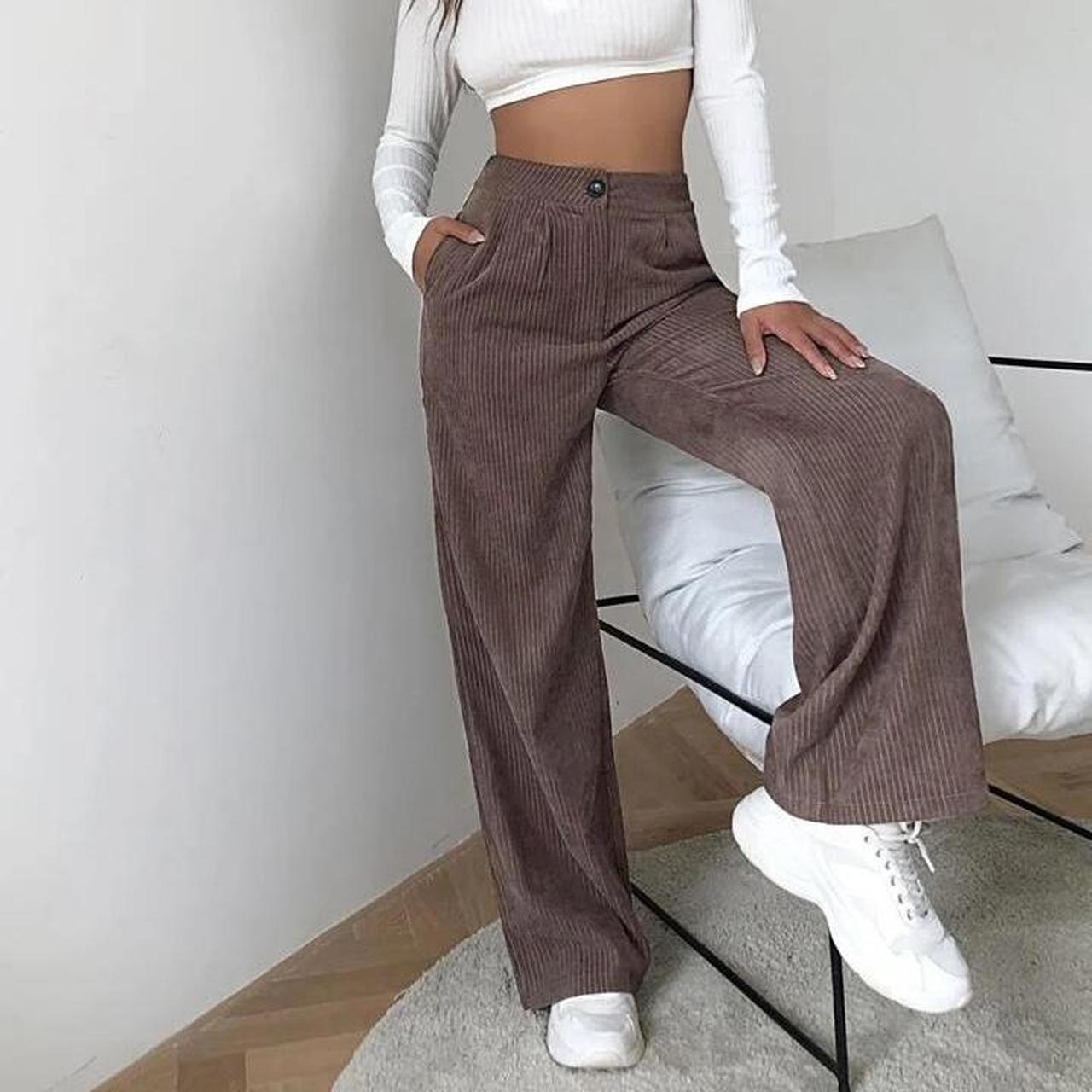 SHEIN EZwear High Waist Cord Wide Leg Pants coffee... - Depop