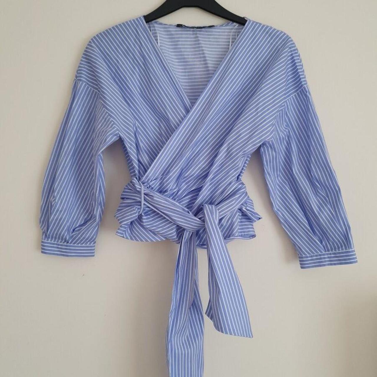 Zara blue and white striped wrap top stripes Depop