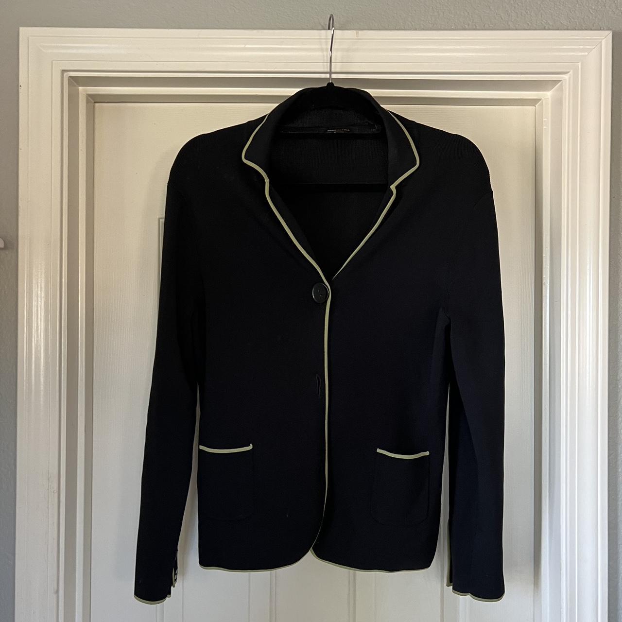 BCBGMAXAZRIA black buttoned cardigan with green trim Depop