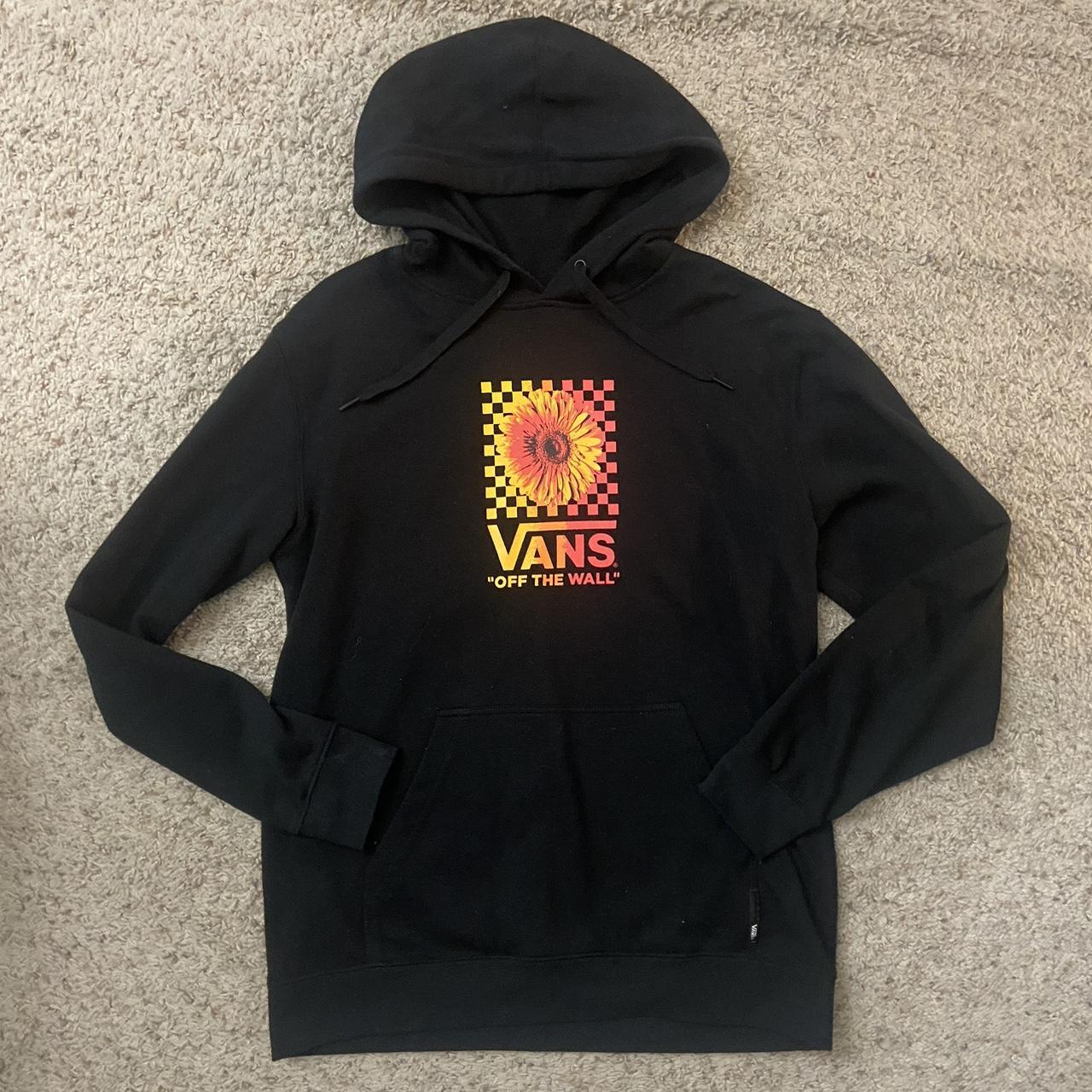 Black Vans hoodie with an orange sunflower checkered