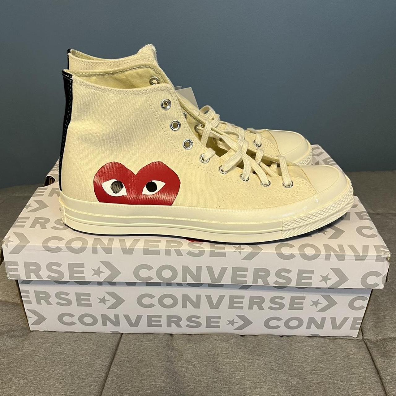 Comme des Garçons Play Men's Cream and Red Trainers | Depop