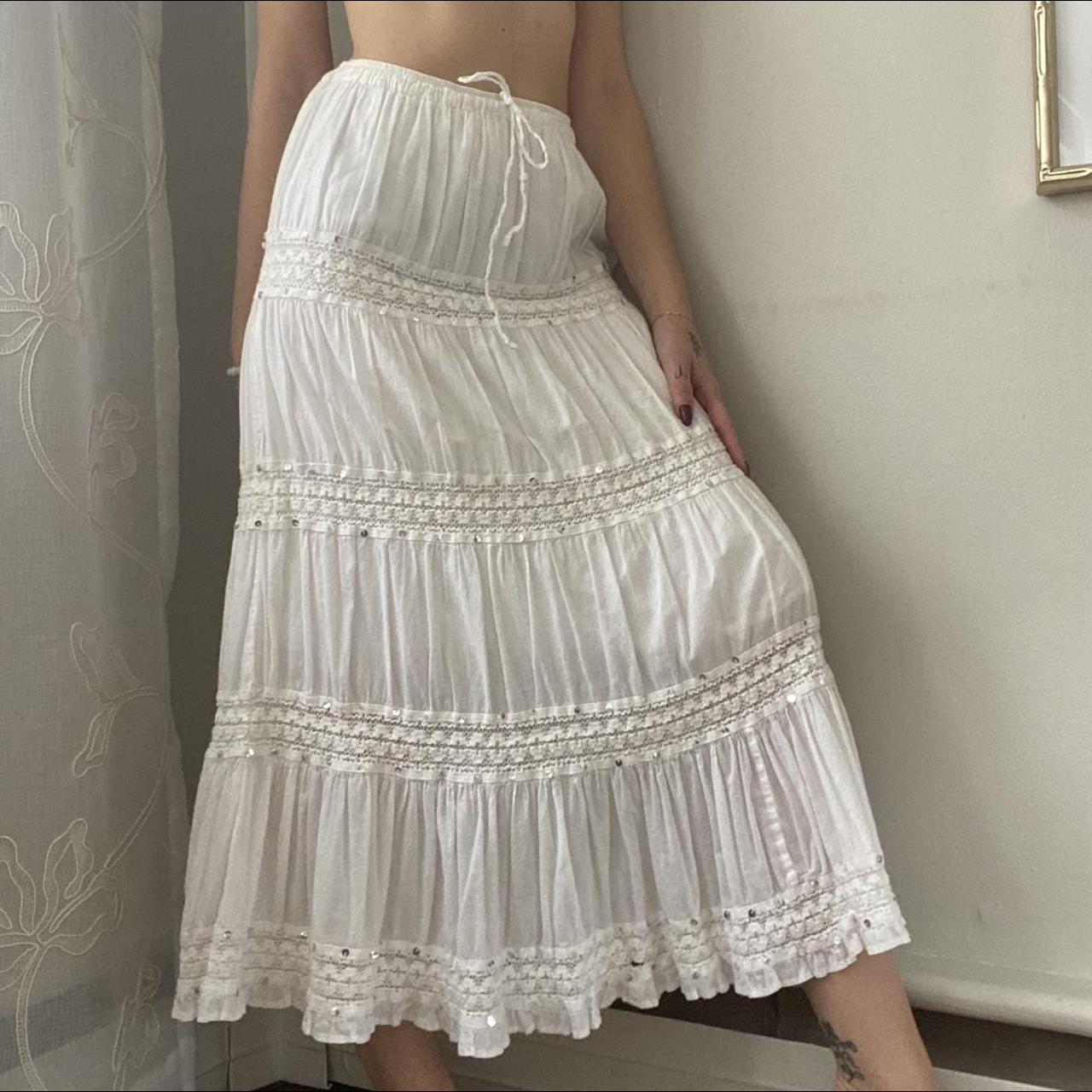 Tiered white maxi skirt with embroidery and little... - Depop
