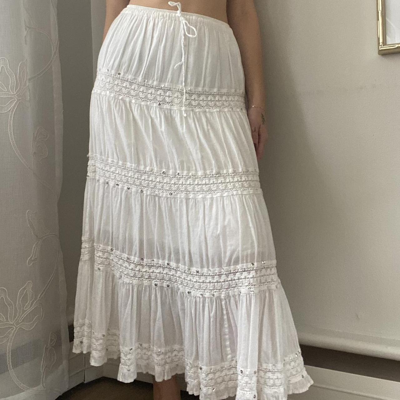 Tiered white maxi skirt with embroidery and little... - Depop