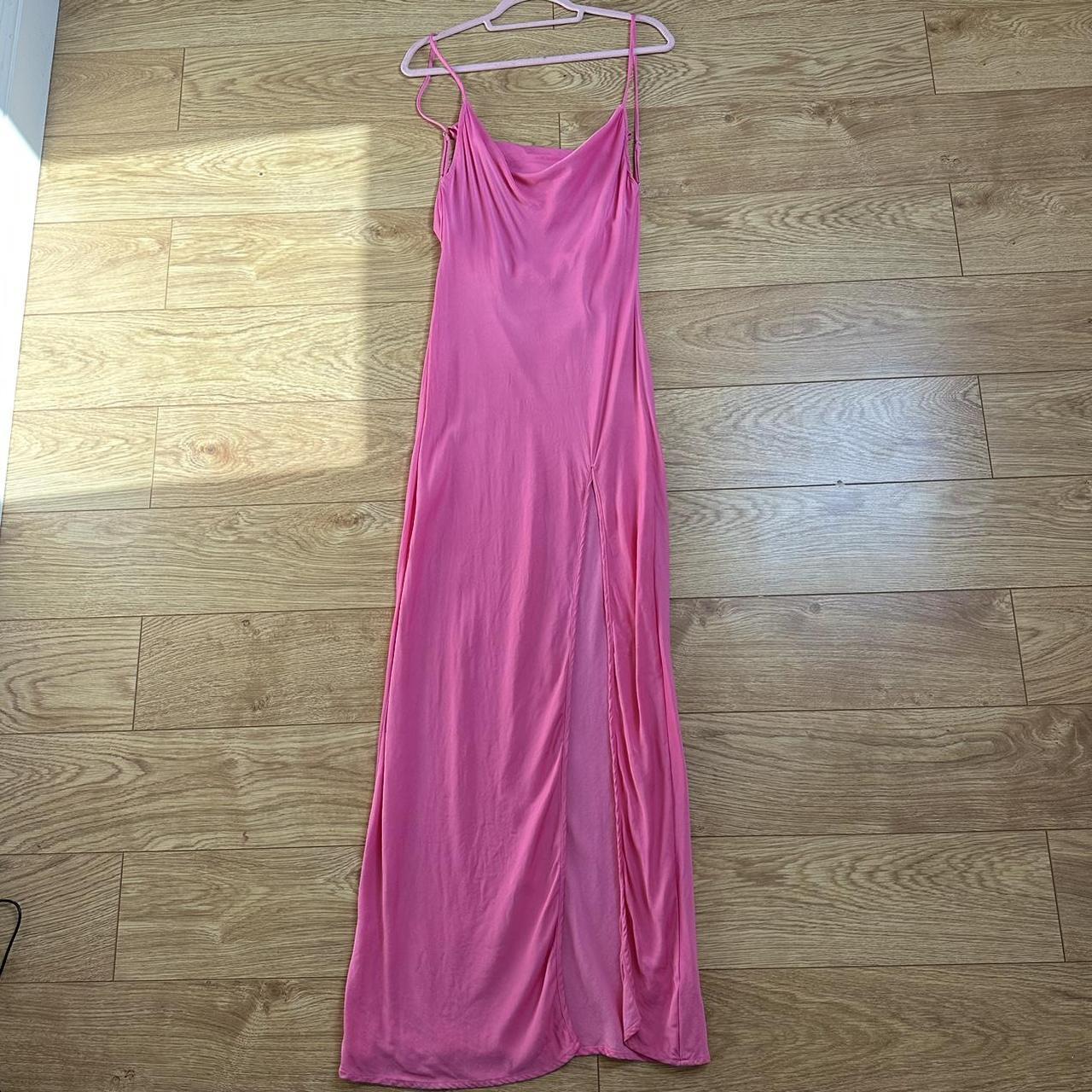 Meshki Jade Pink Cowl Neck Maxi Satin Slit Dress - Depop