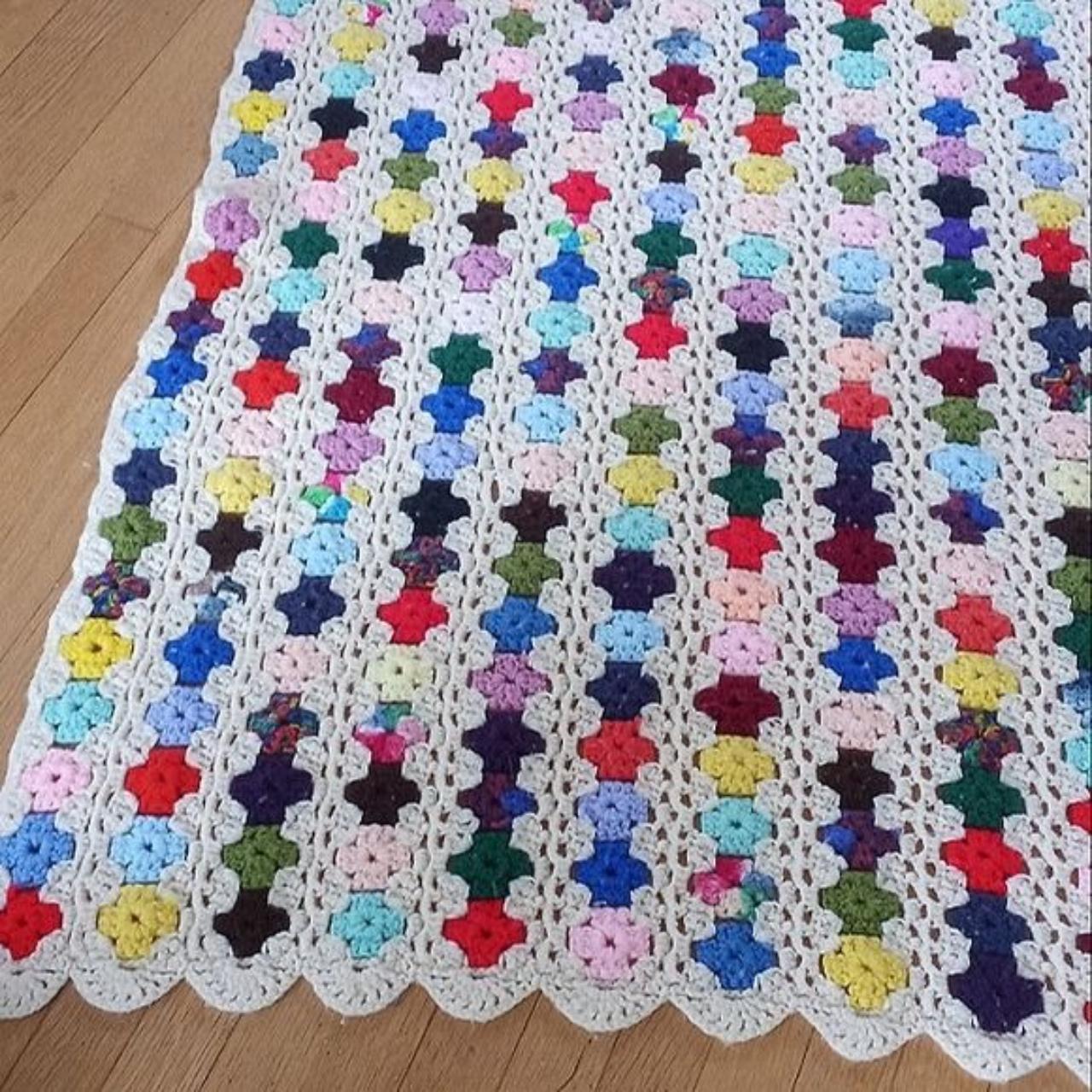 Vintage Handmade Crochet Multi-Color Knit Blanket... - Depop