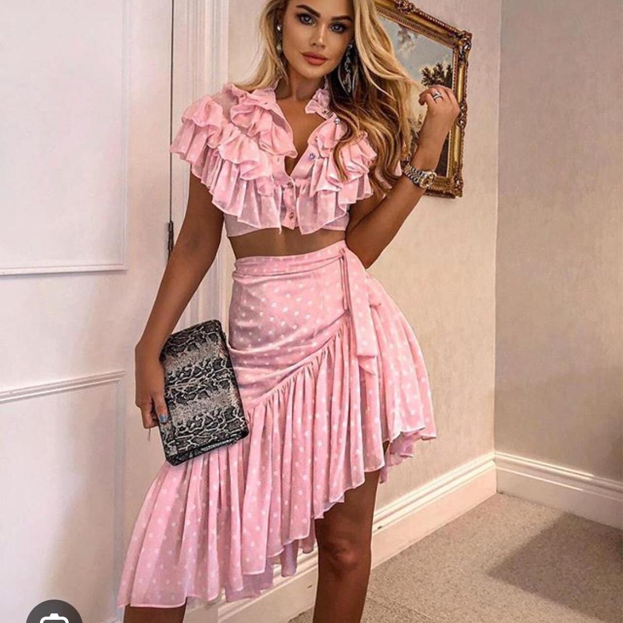 Pink ruffle top and skirt two piece set with sash