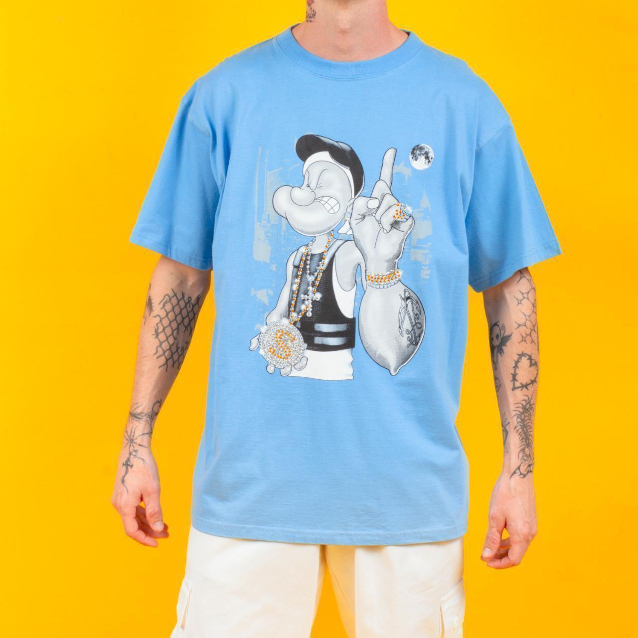 Early y2k streetwear Popeye shirt by NY. Baby blue... - Depop