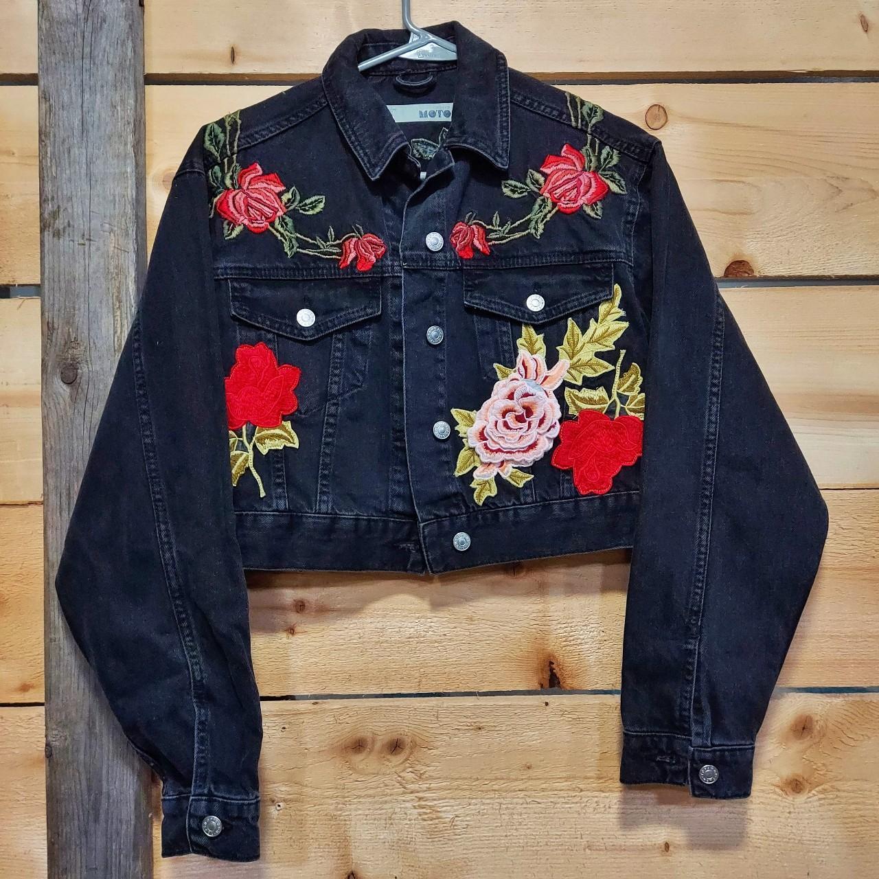HOT Red Roses Jean Jacket With Rose Ladies Jacket Black Jean