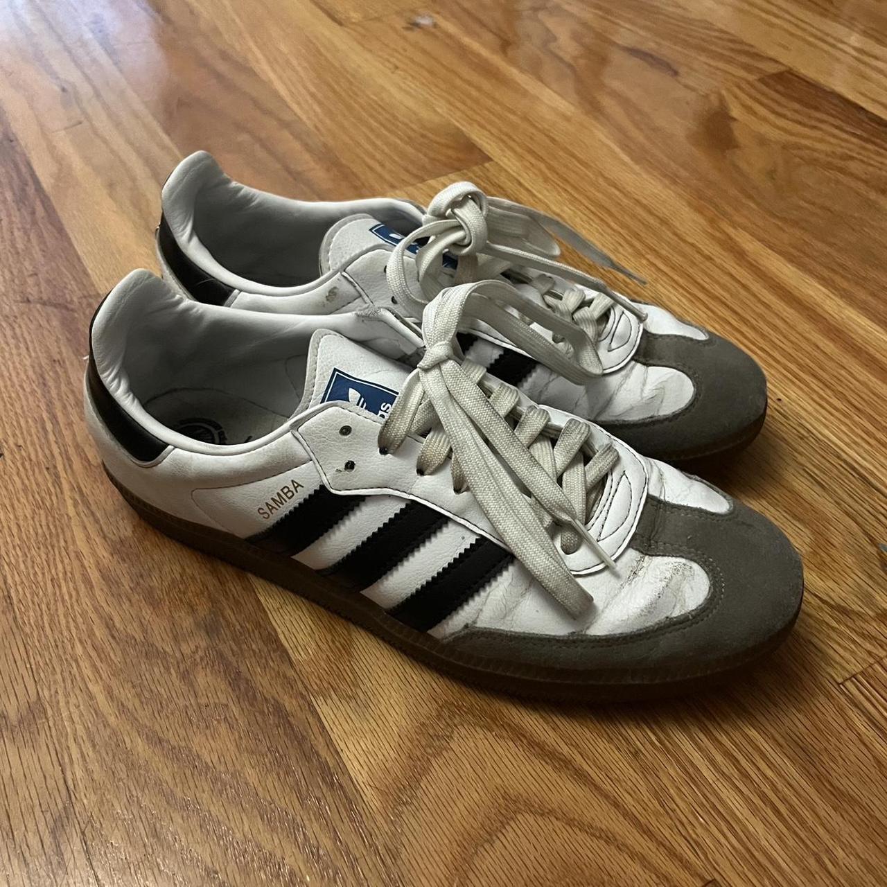 White adidas sambas, size US size 8. Pretty worn,... - Depop