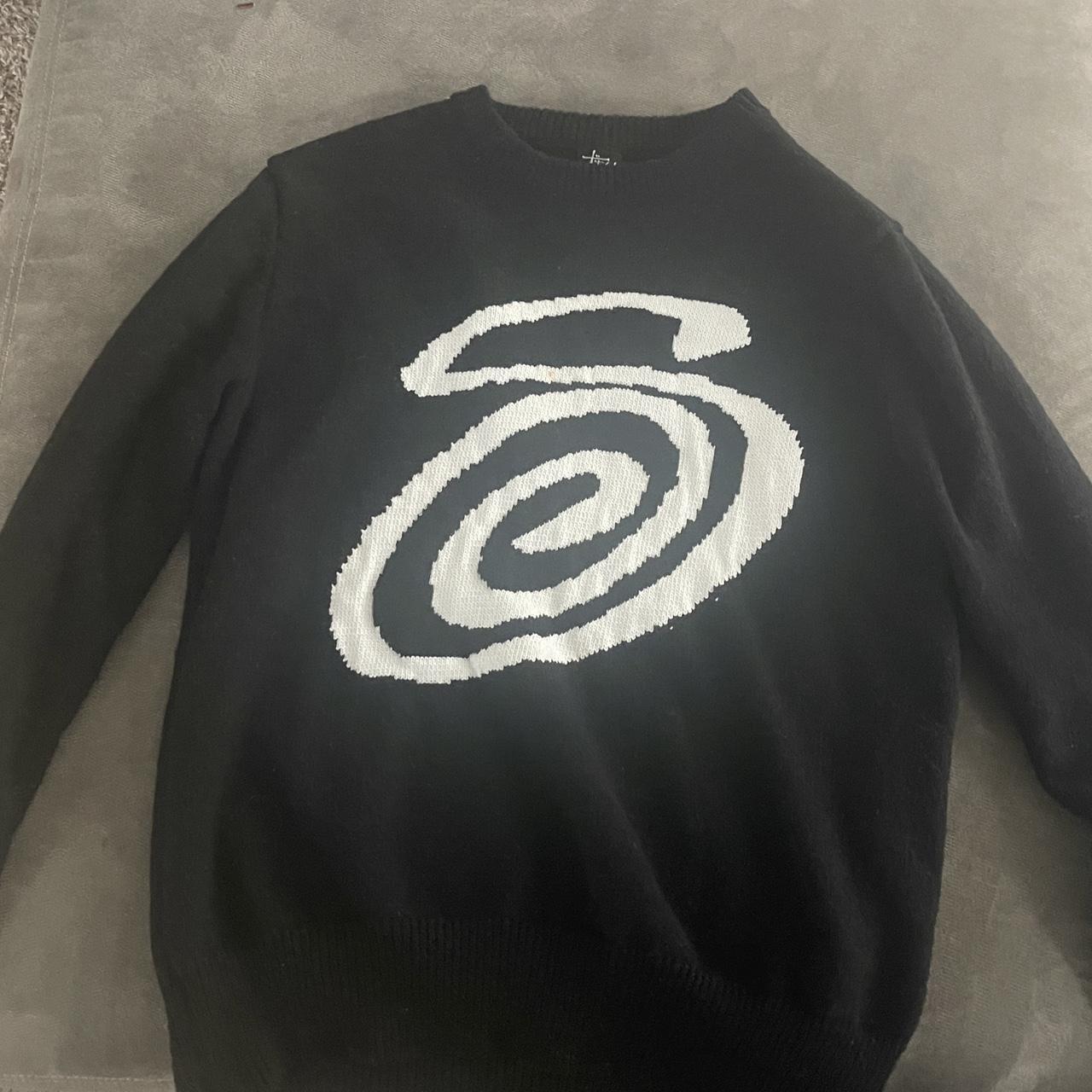 Stüssy black and white sweater vintage curly s... - Depop