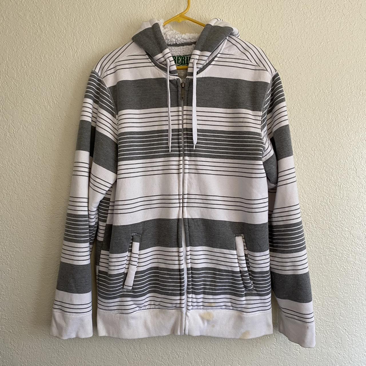 grey and white rerun zip-up hoodie tagged xl but... - Depop