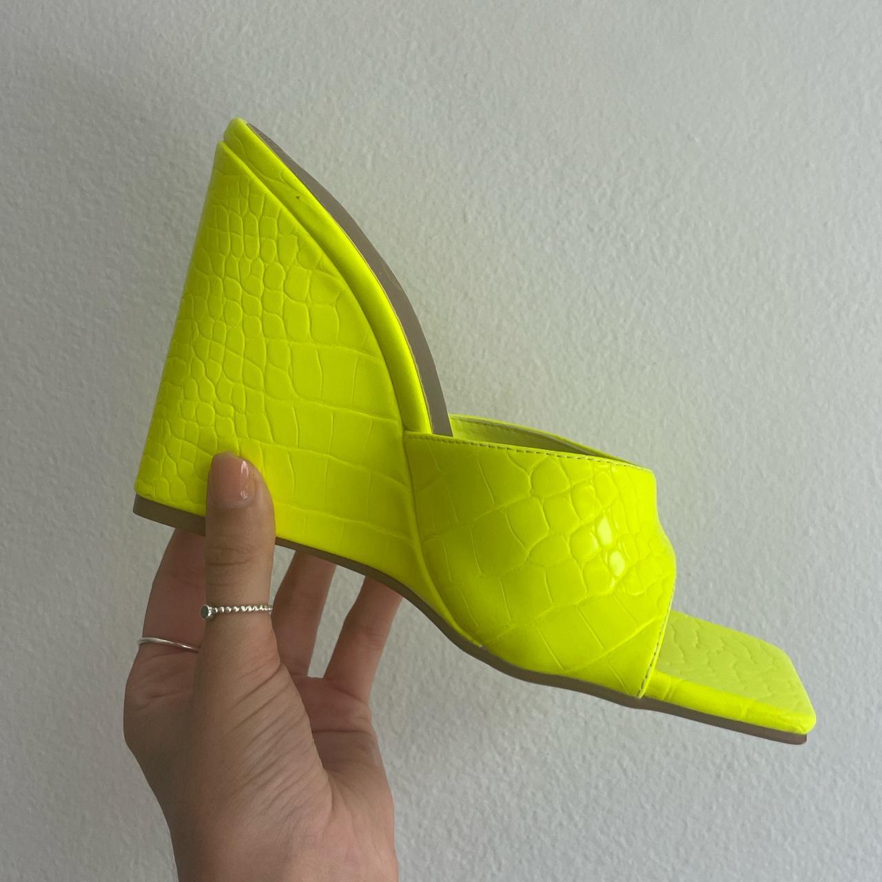 EGO Shoes Wedge Sandals Square Toe Neon Yellow... Depop