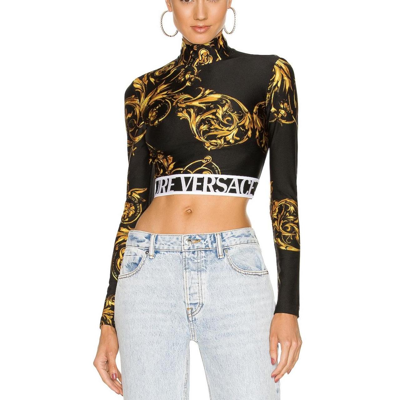 Versace Jeans Couture Women's Black and Yellow Crop-top | Depop