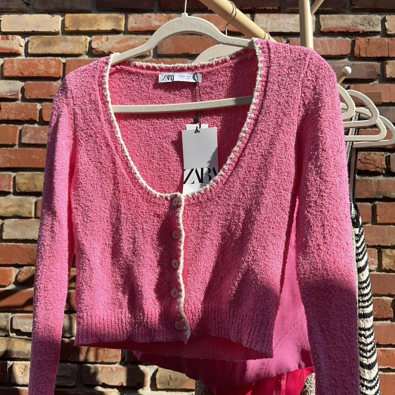 Zara cardigan pink with cream/white trim and... Depop