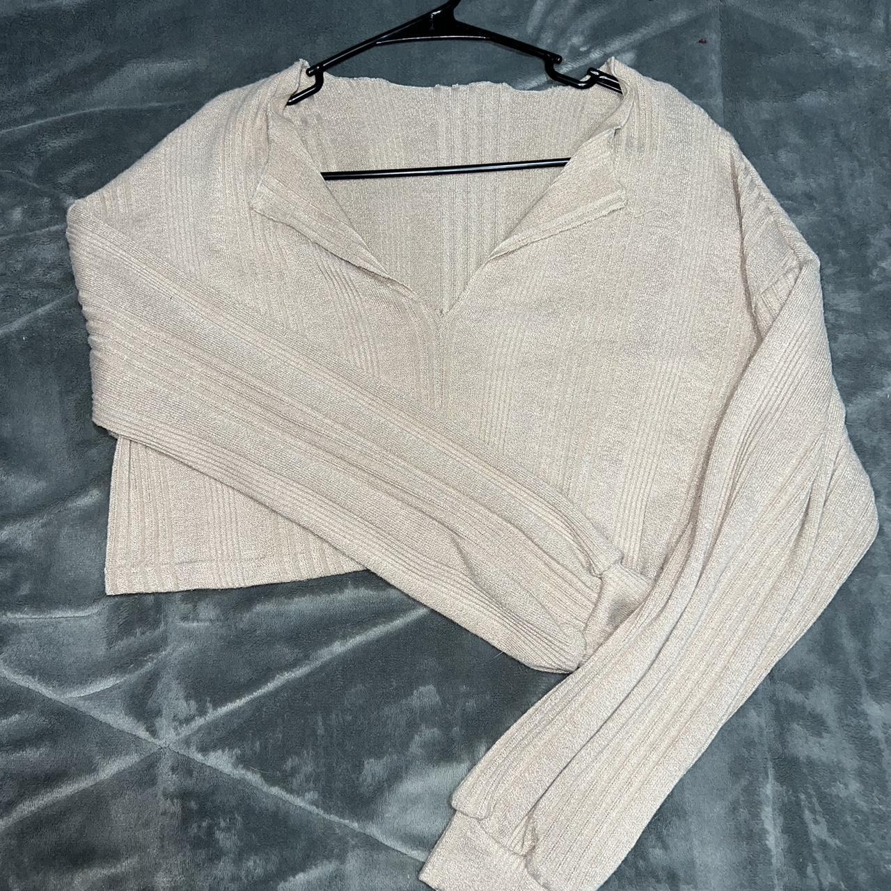 Tan cropped sweater thrifted no flaws #sweater... - Depop