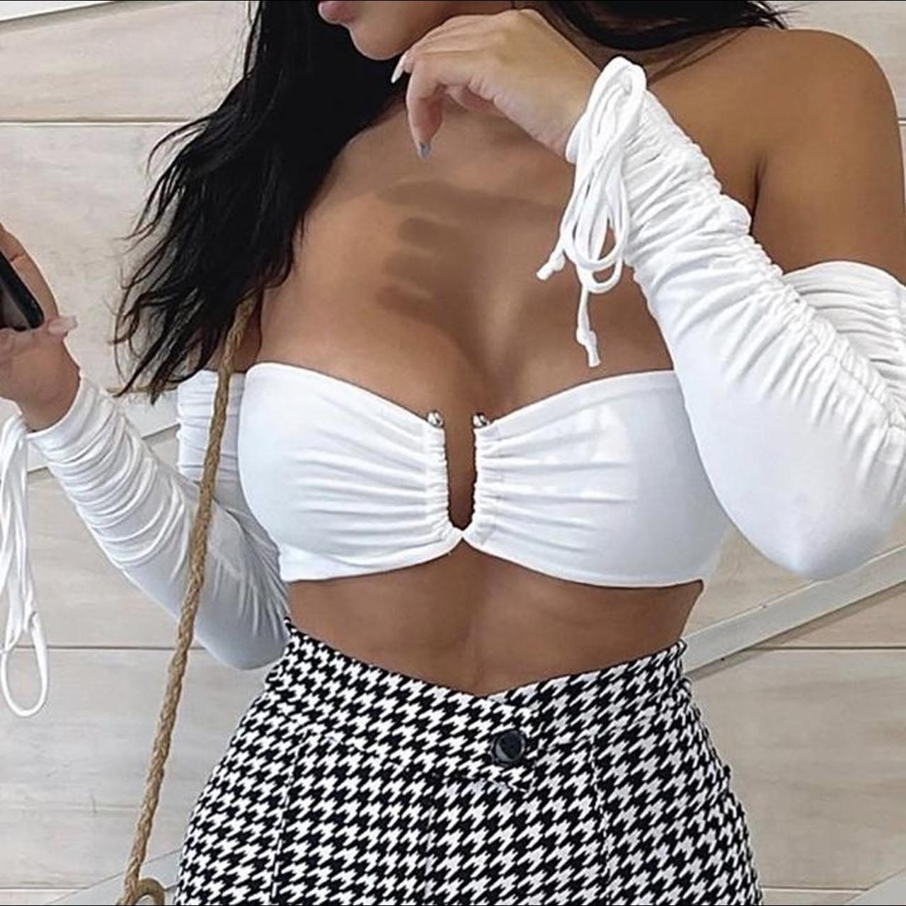 fashion nova white off the shoulder long sleeve... Depop