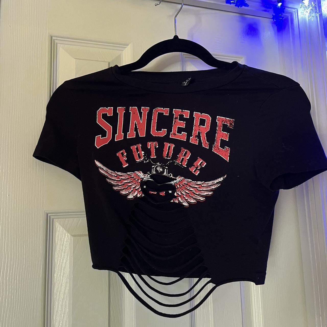 RIPPED BLACK Y2K CROP TOP “sincere future” ripped | Depop