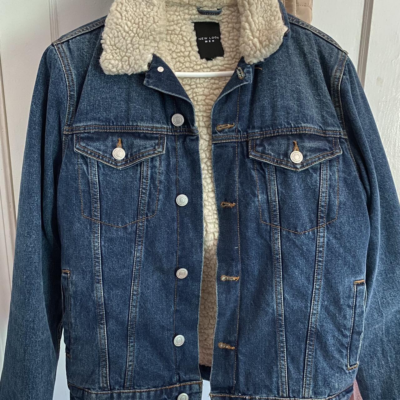 new look men jean jacket with fur collar and on the... Depop