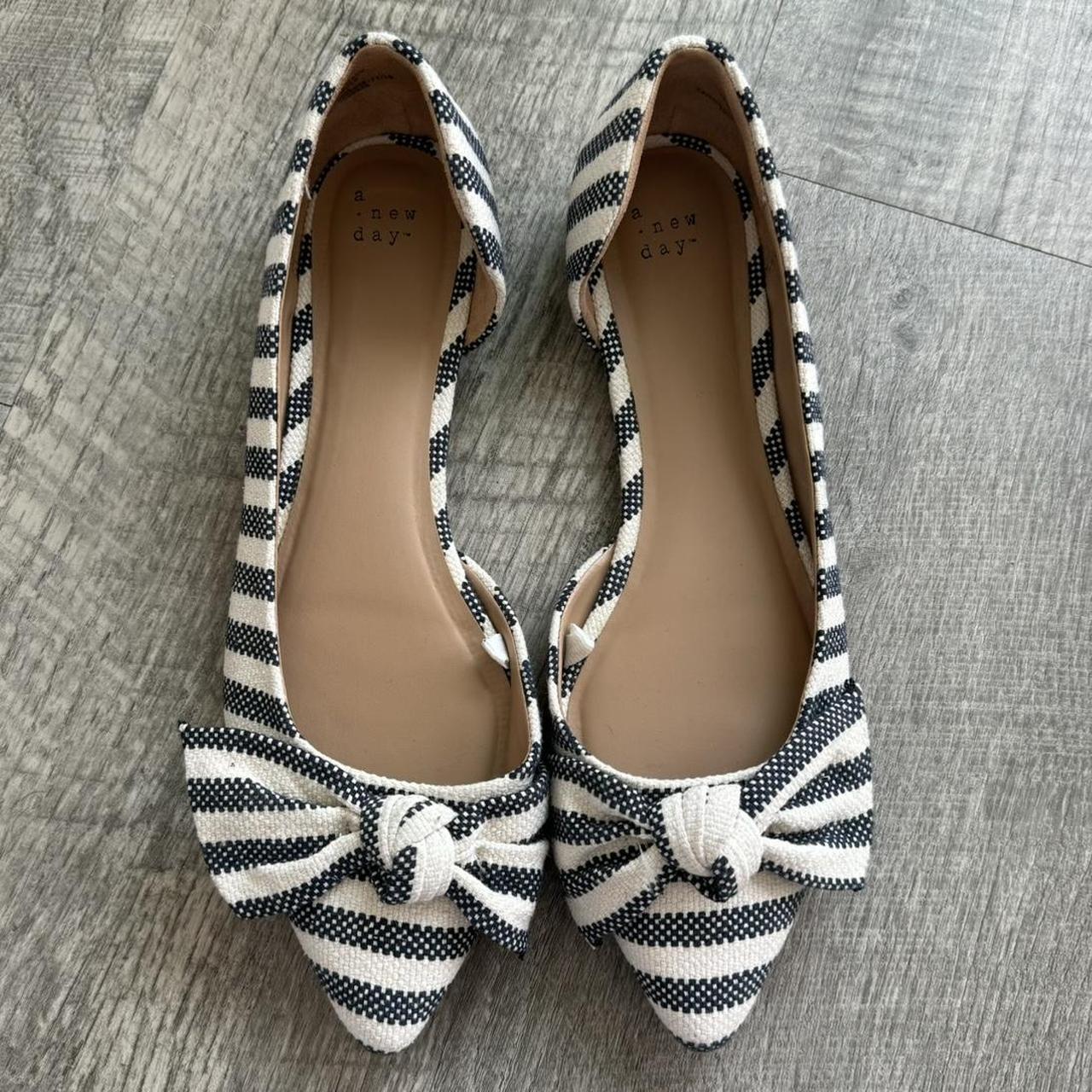 A New Day Bowtie Flats Blue and White Striped... - Depop