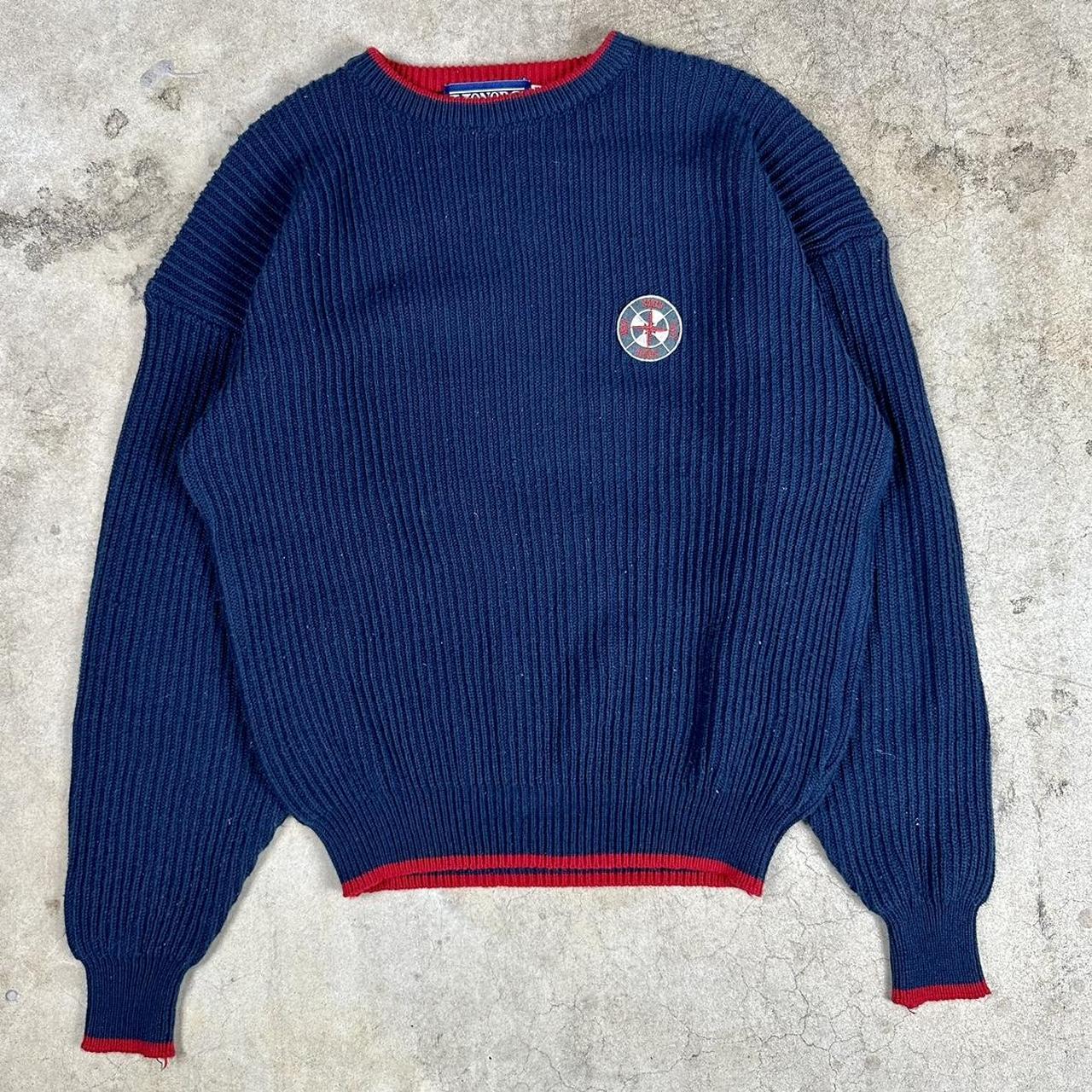 Vintage 90’s Honors navy blue sweater with red hits... - Depop