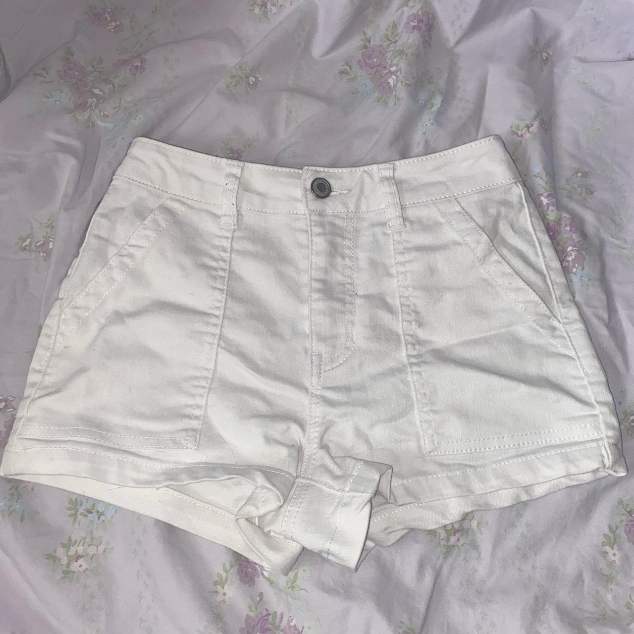 WHITE HIGH RISE DENIM SHORTS only worn once, in... - Depop