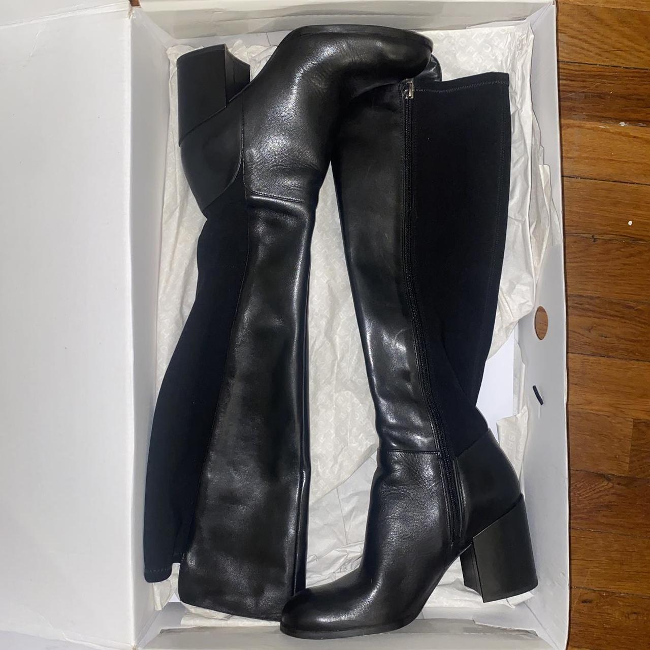 leather knee high block heel boots by marc fisher in... - Depop