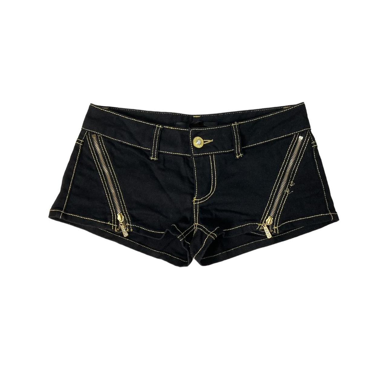 Japanese gyaru zipper gold stitch dark denim shorts... - Depop