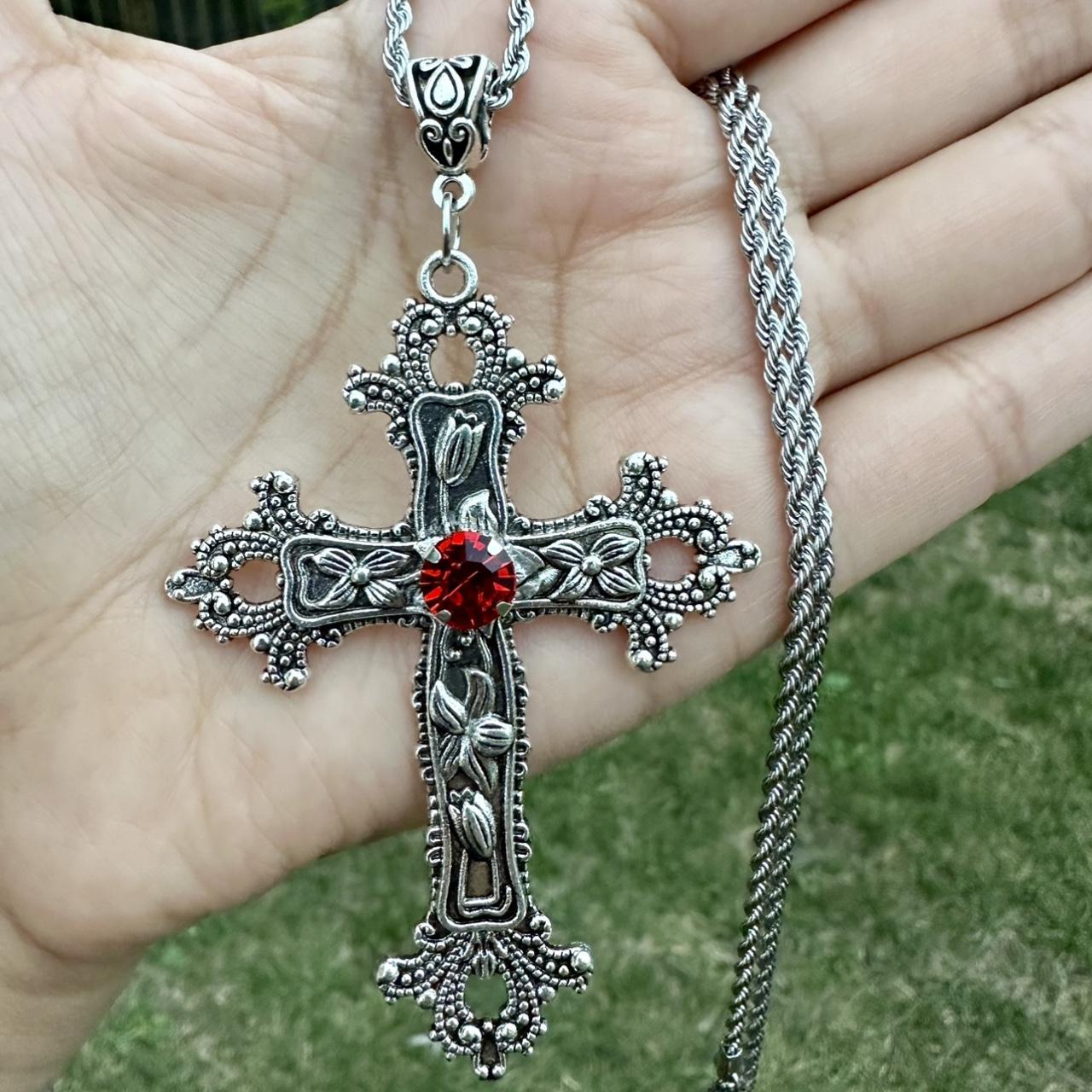 Gothic Cross Necklace Silver Red Silver Vintage... - Depop