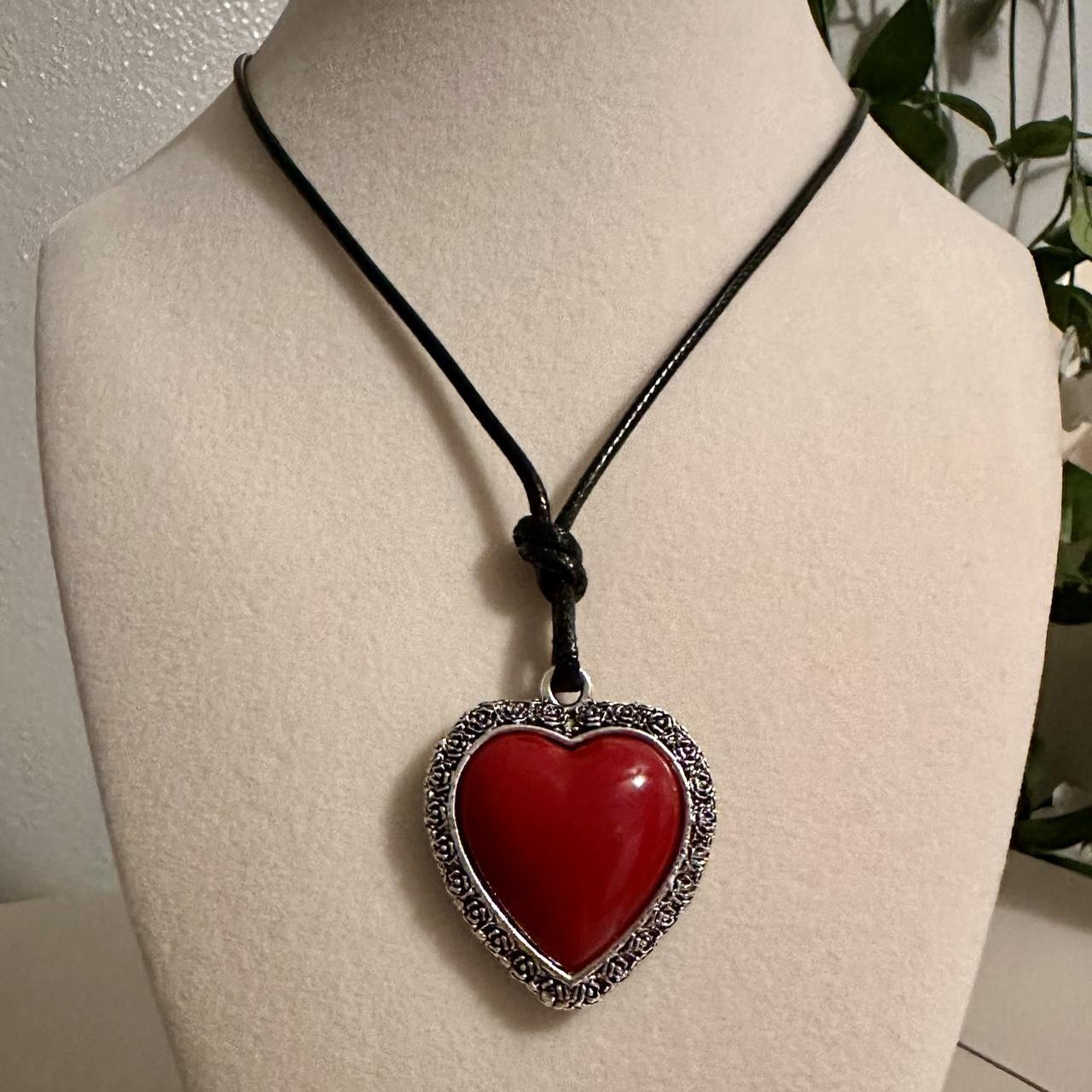 Red Heart Necklace Silver Fashion Retro Red Love 3D... - Depop