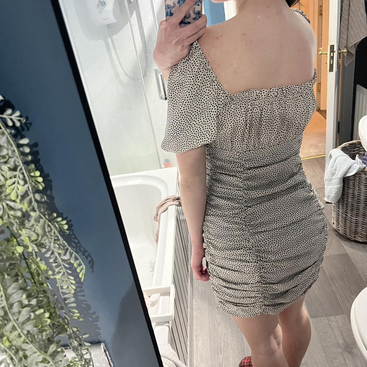 Puffy sleeved mini dress🤍 Cream and black polka dots... - Depop