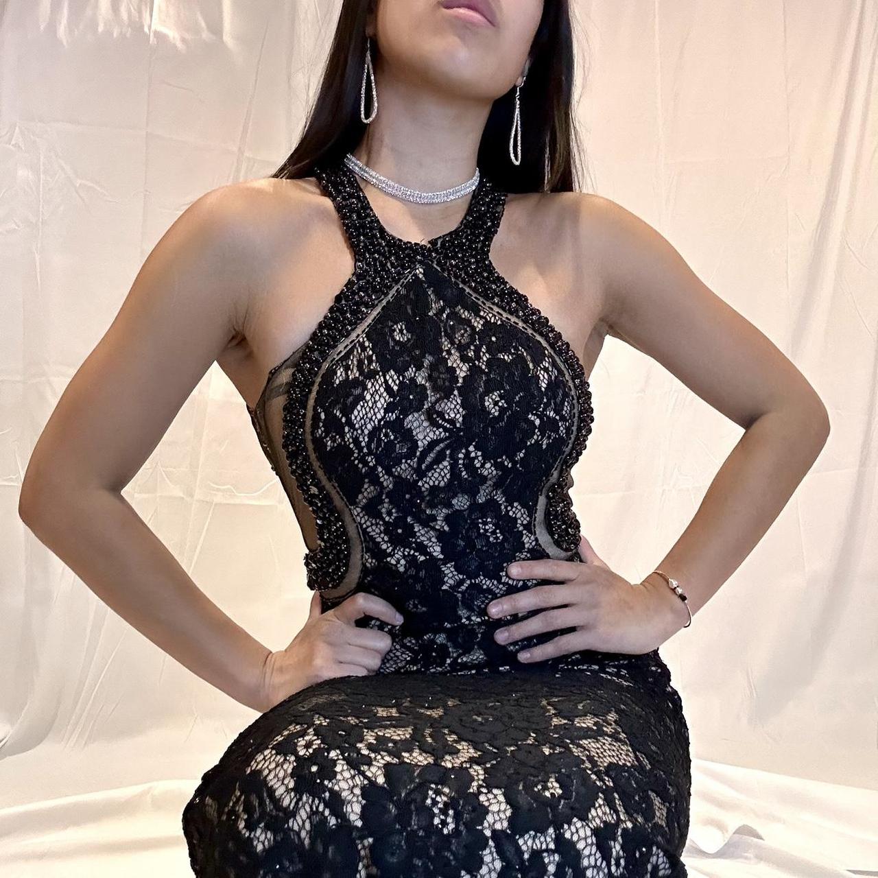 Black lace dress with beige underlay shops