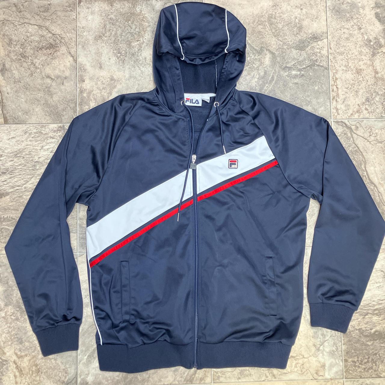 Slick Fila navy blue and white zip up hoodie Size. Depop