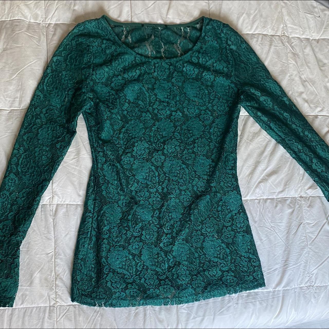 green lace sheer long sleeve top material is not... - Depop